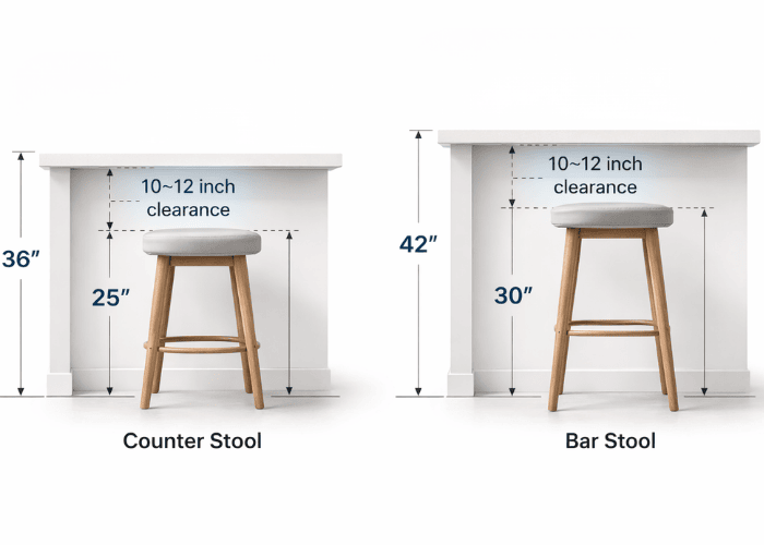 Bar stool vs counter stool height difference showing 36 inch counter and 42 inch bar