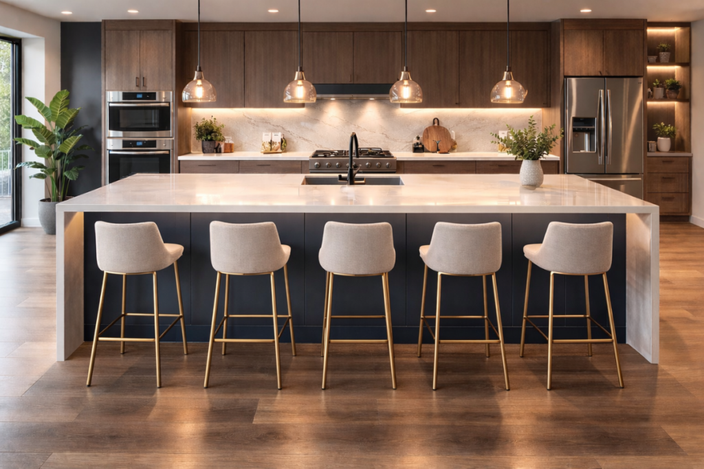 Kitchen island with four bar stools demonstrating proper seating spacing