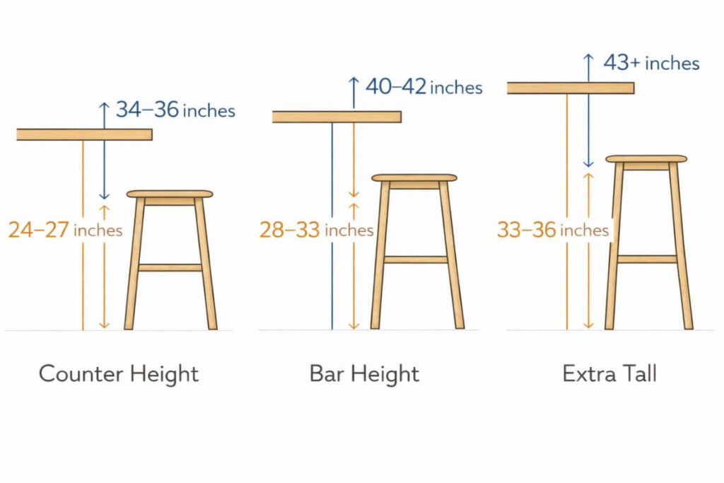 Side-by-side diagram showing counter height (34–36 inches), bar height (40–42 inches), and extra tall (43+ inches) stool setups with corresponding seat heights and measurement arrows.