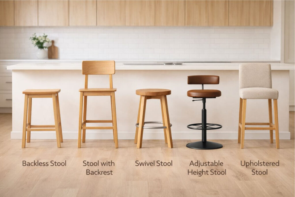 Five bar stool styles shown side by side in a modern kitchen setting.