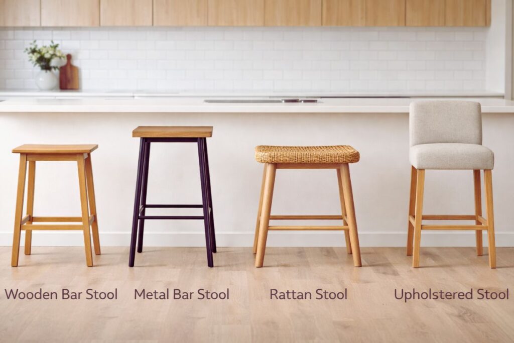 Four bar stool types including wooden, metal, rattan, and upholstered designs displayed side by side in a modern neutral kitchen.