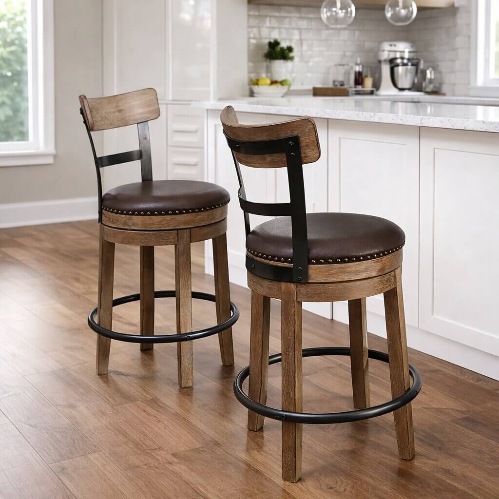 Rustic wooden bar stools with brown leather seat and black metal frame in modern farmhouse kitchen