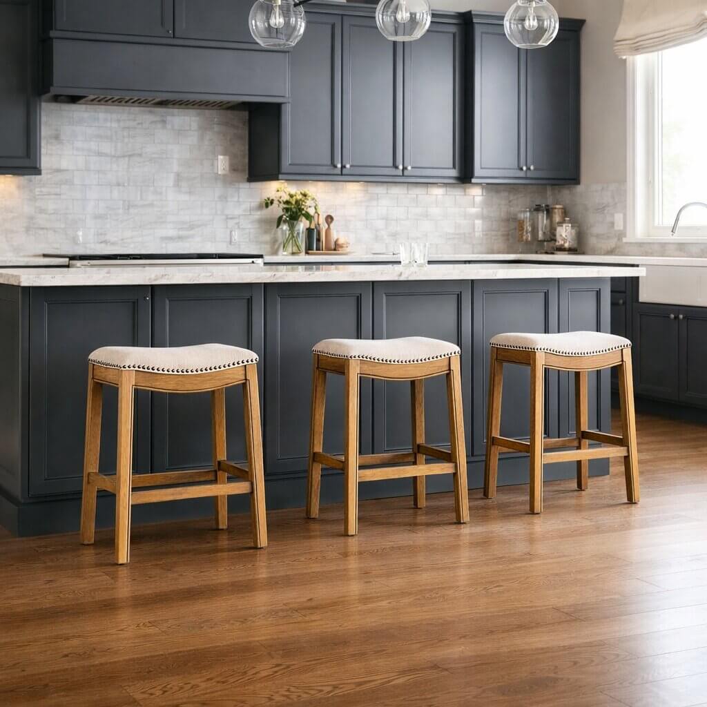 Wooden counter height bar stools with upholstered seats and nailhead trim in modern kitchen