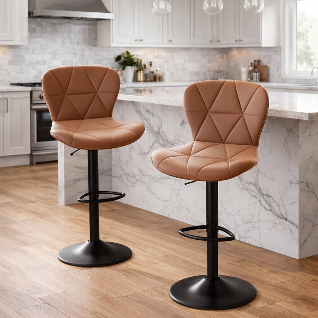 Adjustable bar stools with brown faux leather quilted seats and black base in modern kitchen