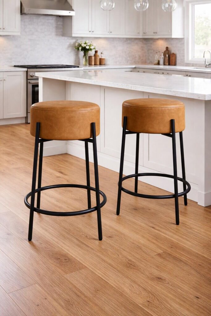Round counter height bar stools with tan upholstered seat and black metal legs in modern kitchen