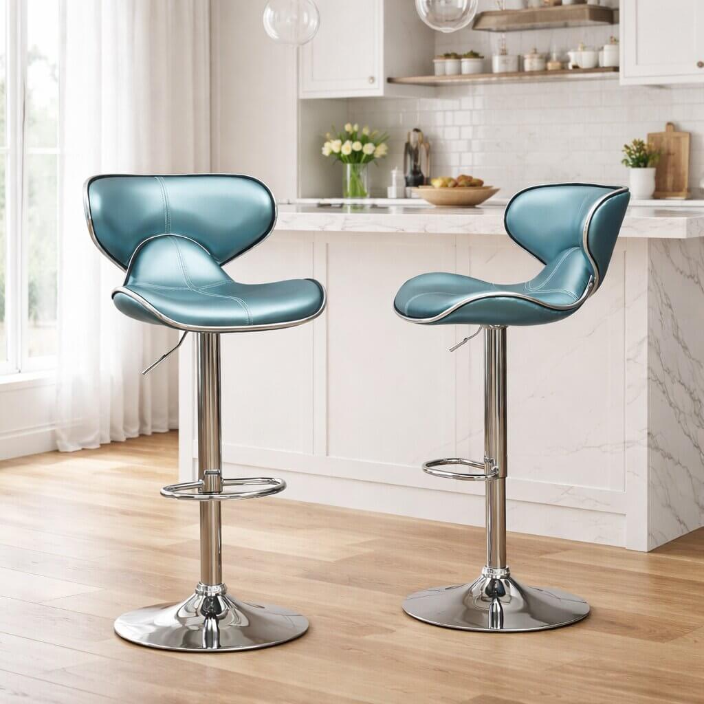 Set of swivel bar stools with ergonomic blue leather seat and footrest in kitchen