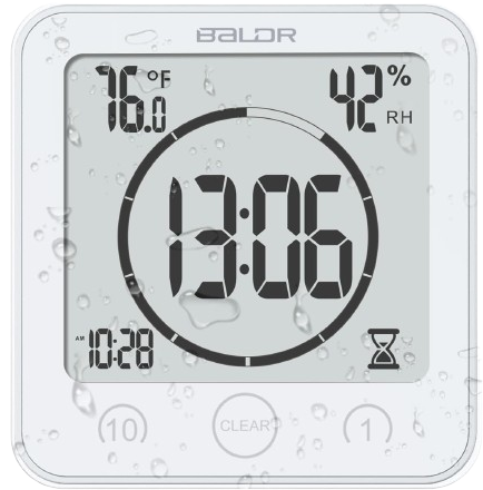 BALDR Digital Shower Clock waterproof with timer temperature and humidity display for steamy bathrooms