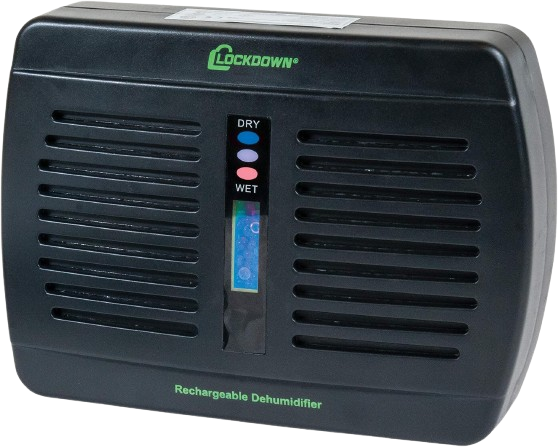 Lockdown rechargeable dehumidifier with water glass crystals for gun safes and vaults moisture control